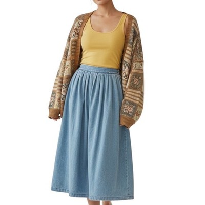 Eddie Bauer Vintage 90s Light Wash Denim Gathered Midi Skirt Pockets Size XS