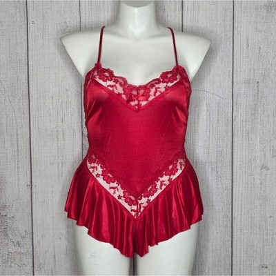 VTG 80s 90s Petra Fashions Red Satin Lace Teddy Bodysuit Lingerie Romper, Sz L