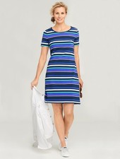 T by Talbots MP T-Shirt Dress Ruched Drawstring Back Blue Stripe Short Sleeve PM