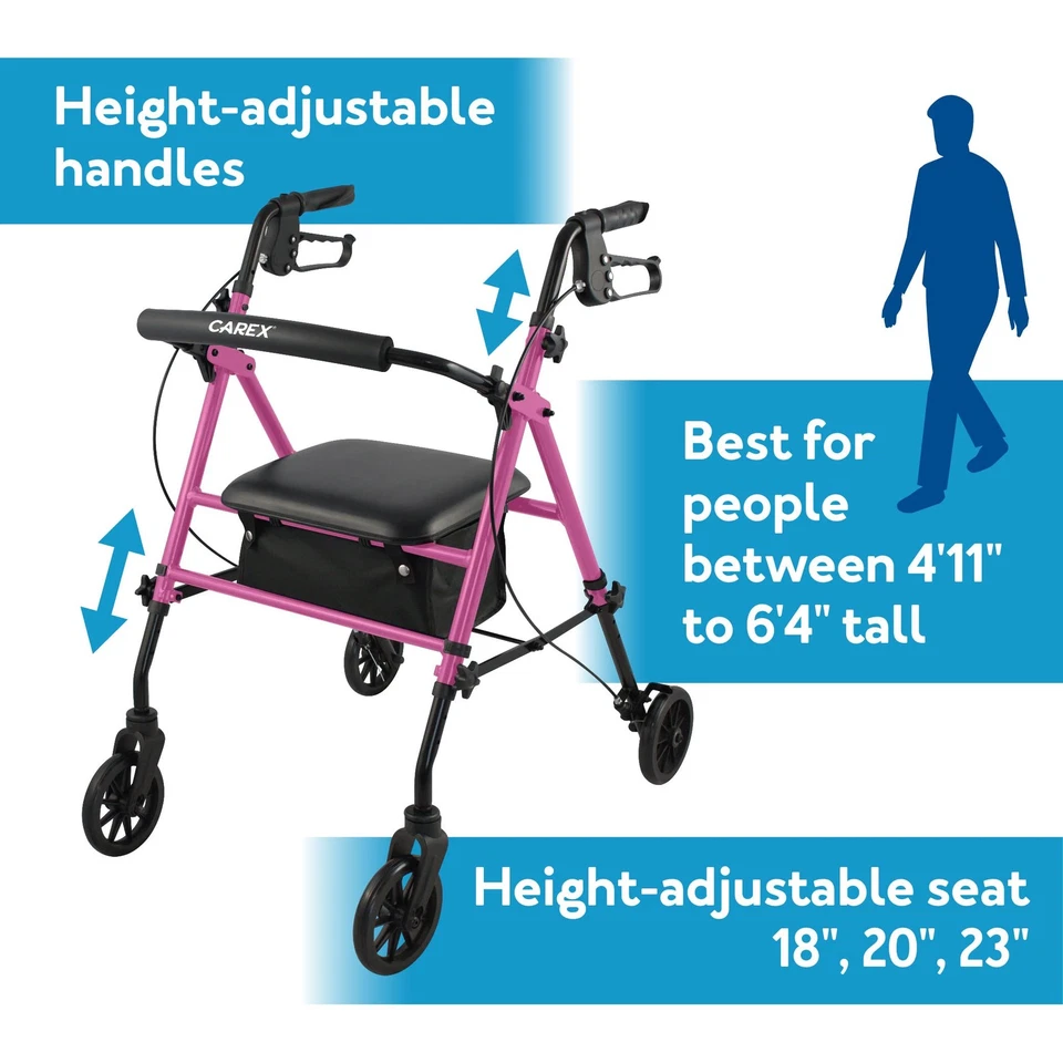 Carex Step 'N Rest Aluminum Rolling Walker For Seniors, Pink-Rollator With - Image 3 of 4