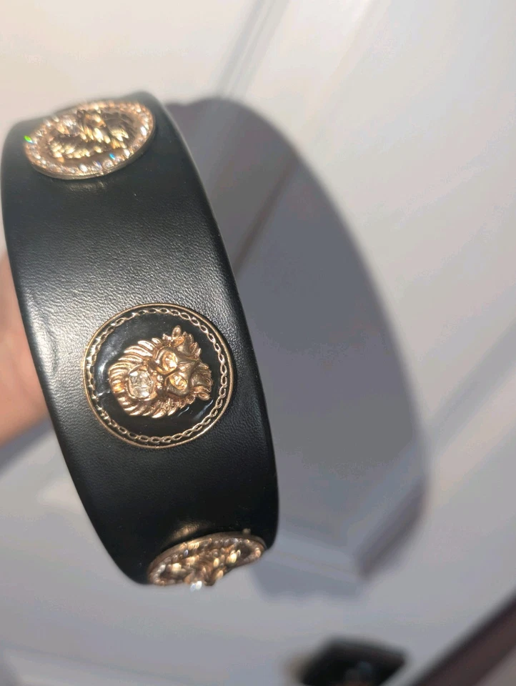 Black Faux Leather Headband Gold Lion Medallion Designer Inspired - Image 4 of 4