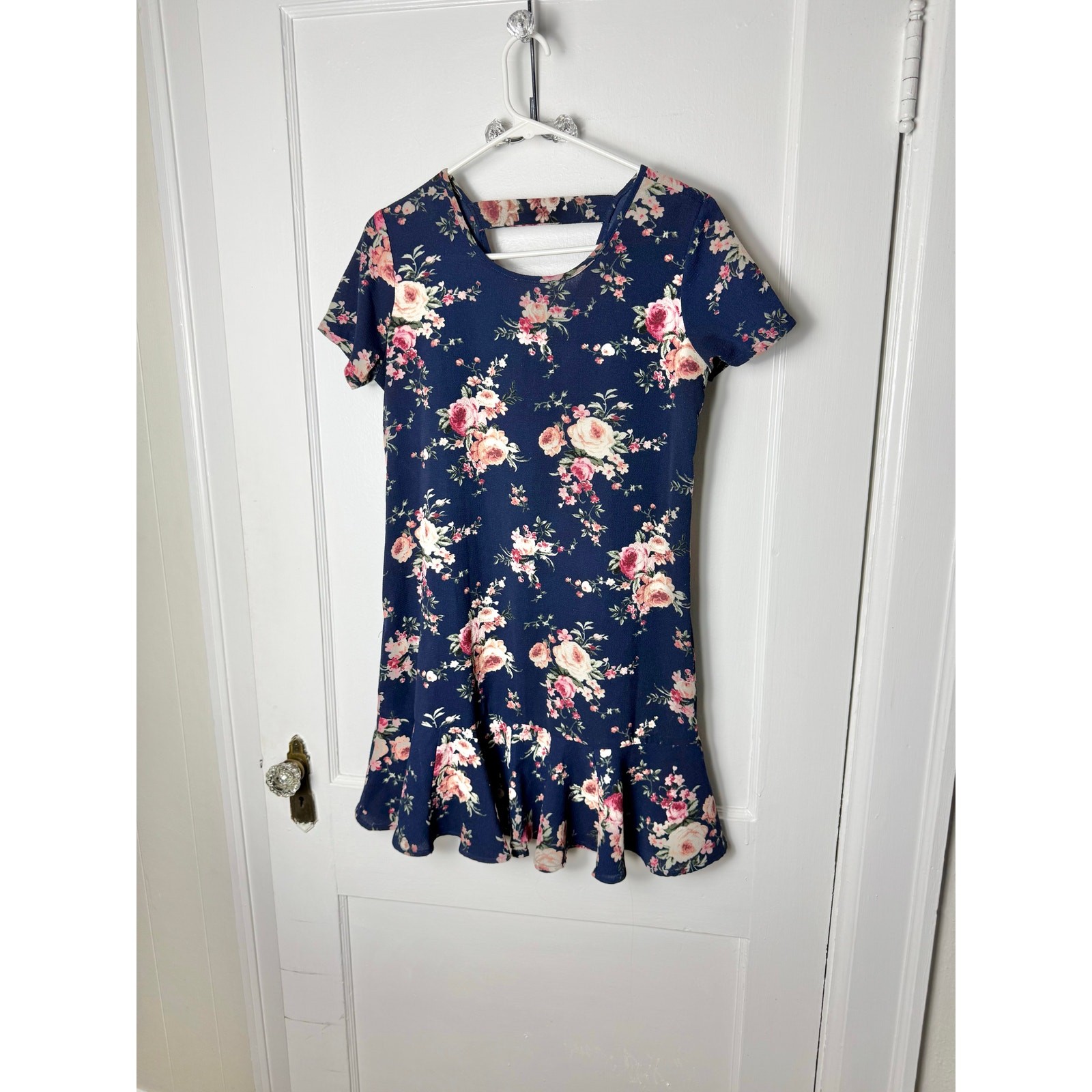 Blue Rain Navy Blue Floral Drop Waist Short Sleeve Mini Dress Women's Small