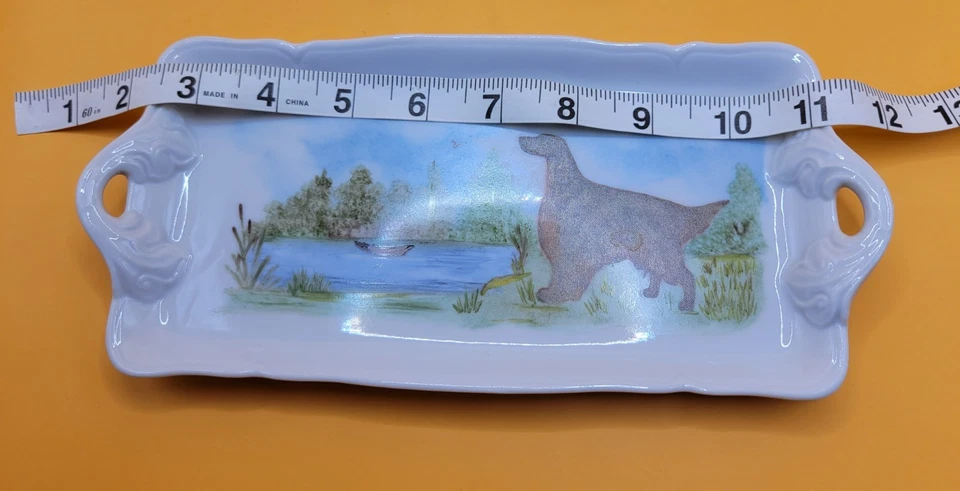 Set of 3 Rectangle Dish Tray Ceramic Hand Painted Trinket Hunting Dog Lake - Image 3 of 4