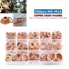 200PCS Premium Copper Metric Sealing Crush Washers Assortment Kit Flat Washer