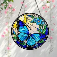 Blue Butterfly Stained Glass Suncatcher Window Hanging,Butterfly Lovers Flower