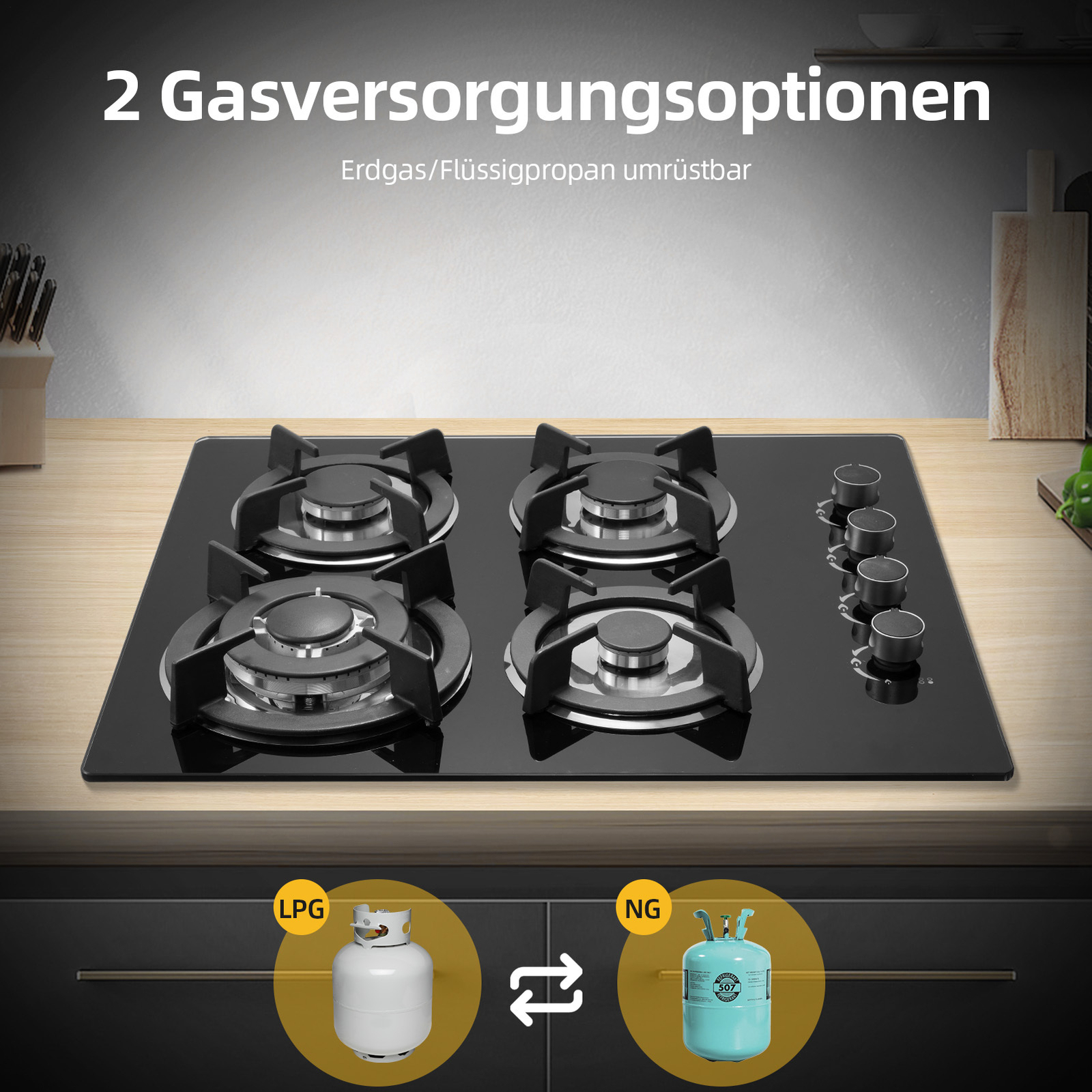 60 CM Gaskochfeld Glas Einbau Kochfeld Gaskocher 4 Flammig Einbauherd LPG Erdgas