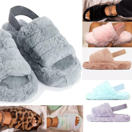 Womens Flat Sandals Flatforms Faux Fur Holiday Slides Comfy Fluffy Summer  Size | eBay
