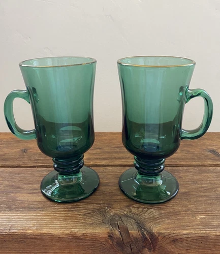 Libbey Emerald Green w/ Gold Rim Clear Glass Irish Coffee Footed Cup Mug Pair