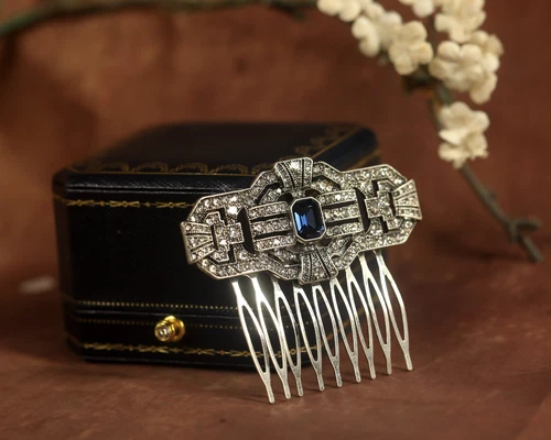 Hair Comb Art Deco Silver Antique Blue Rhinestone Vintage Style QD22