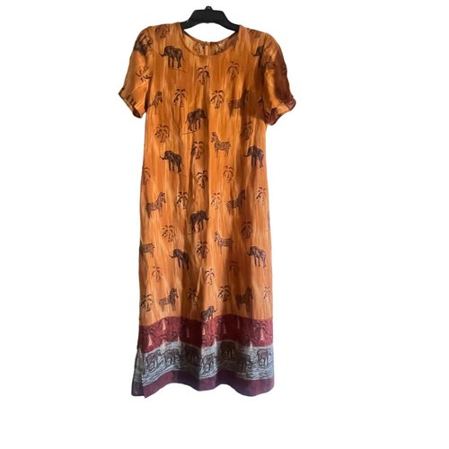 Safari Print Jungle Rust Maxi Dress with Elephants Zebras Palm Trees African - Picture 3 of 9