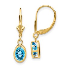 27mm 14K Yellow Gold 7x5mm Oval Blue Topaz Leverback Earrings