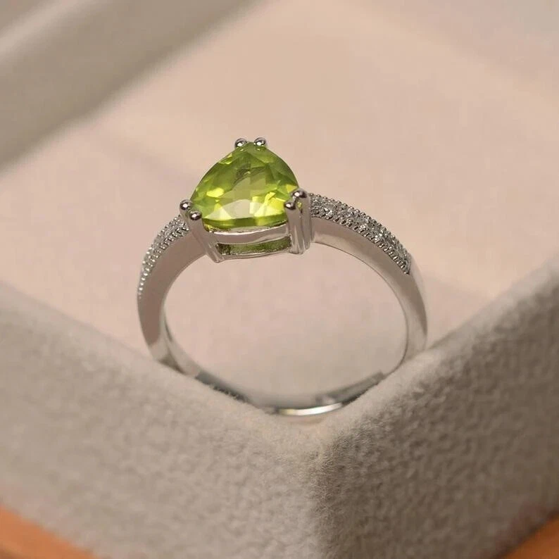 2.25 Ct Natural Peridot & Diamond Valentine's Day Ring 14K Real White Gold Solid - Image 2 of 4
