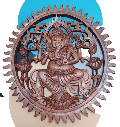 Hand Carved Wooden Decorative Wall Art Pooja Mandir Ganesh Hindu God Temple