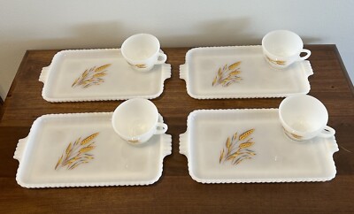 Fire King Anchor Hocking VTG MCM White Milk Glass Wheat Snack 8Pc Set Trays/Cups