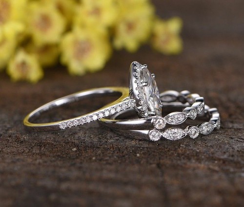 1,80 kt weißer Marquise-Schliff CZ Braut zwei Bänder Verlobungsring Set 925 Silber - Bild 3 von 5