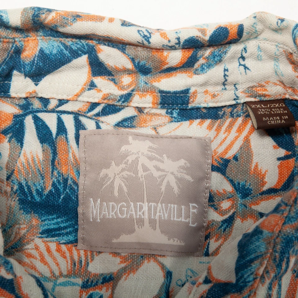 Camisa Margaritaville Para Hombres 2XL XXL Azul Beige Floral Seda Lino Hawaiano Aloha Foto 4 de 4