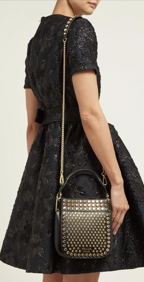 PRADA Gold Studded Embellished Black Leather Top Handle PRADA Gold Studded Embellished Black Leather Top Handle