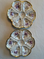Antica coppia piatti ostriche L S&S Limoges viola floreale oro pesante dorato c 1900