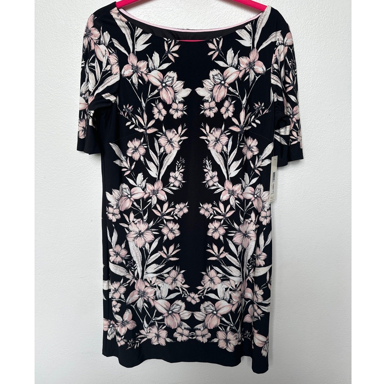 Eliza J Floral Black Pink Short Sleeve Mini Shift Dress Feminine Women Sz 12 NWT