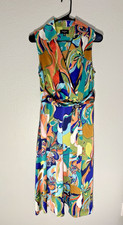 Tahari ASL Geometric Collared Midi Dress Size 6- Blue Green Sleeveless Lined