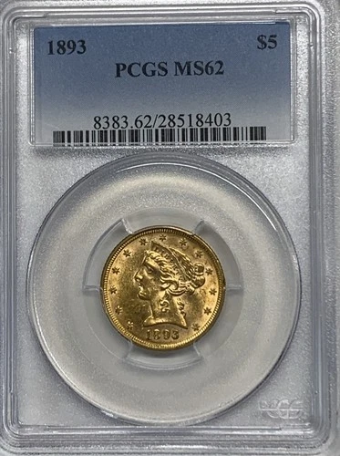 1893 $5 Gold Liberty Head Half Eagle Graded by PCGS as MS-62 Nice US Gold Coin