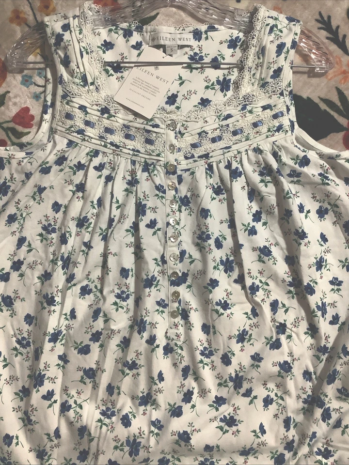 Eileen West Sleepwear Size Small Ballet Long Gown Sleeveless Ivory Blue Floral - Image 2 of 4