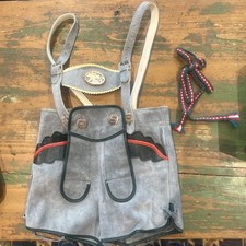 Vintage Gray Suede Children's Lederhosen Tie Piece Wood Look Buttons Elk