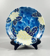 Mino Ware Japan Ceramic Blue Hydrangea Floral Plate 8.5" READ DESC