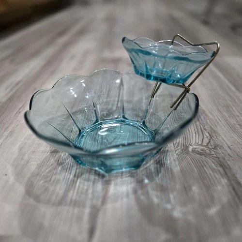 Mid-Century Anchor Hocking Swedish Modern Turquoise Chip & Dip Serving Bowls