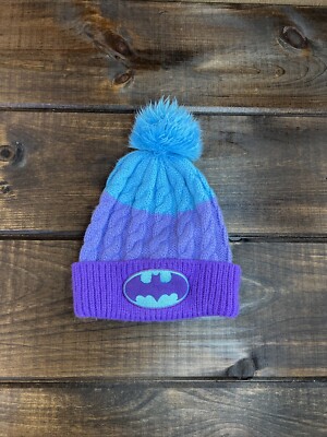 TM & DC Comics Purple & Blue Knit Cuffed Batman Beanie With Pom Pom Girls One Sz