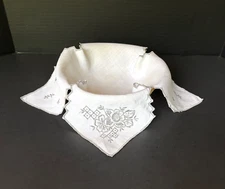 VTG Linen Bread Roll Basket Liner Embroidered Gray White Floral 16" Cottage Core