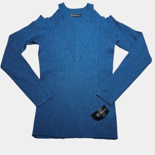 INC International Concepts Sweater L Cold Shoulder Ribbed Knit Metallic Teal NEW - Picture 3 of 11