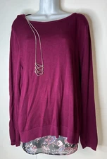 Apt 9 Womens XL 2-FER Burgundy Sweater Sheer Floral Shell Button Back w/Necklace