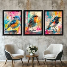 Colourful Bird Art Prints Set of 3 Modern Abstract Songbird Wall Decor Robin Art