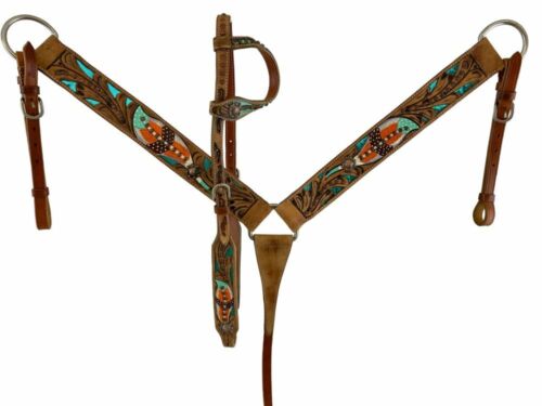 Hand Painted Feather Design One Ear Headstall & Breast Collar & Reins NEW