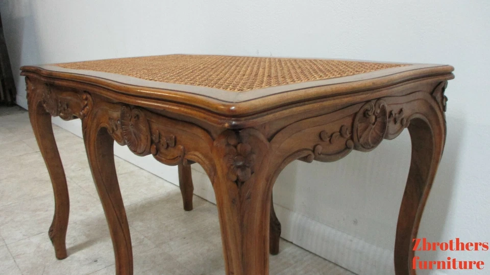 Antique Quality French Country Carved Cane Bench Stool Coffee Table - Image 4 of 4