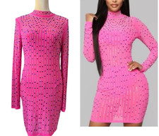 FASHON NOVA NEW Women's Pink Multi Rhinestone “Ray of Colors” Bodycon Dress  L