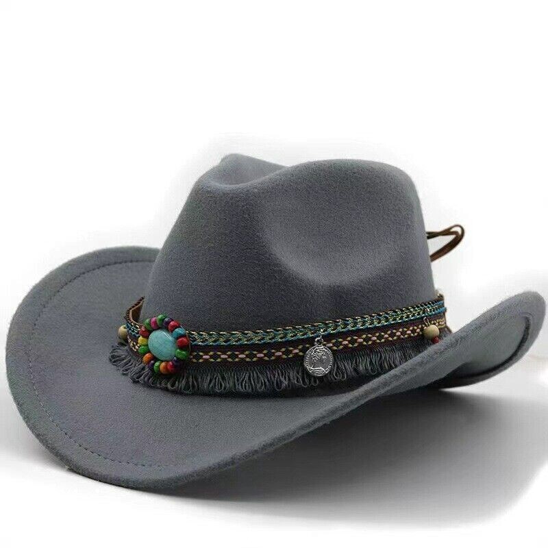 Gray Western Cowboy, Cowgirl Hat, Bead Tassle Strap, Men  display picture 1