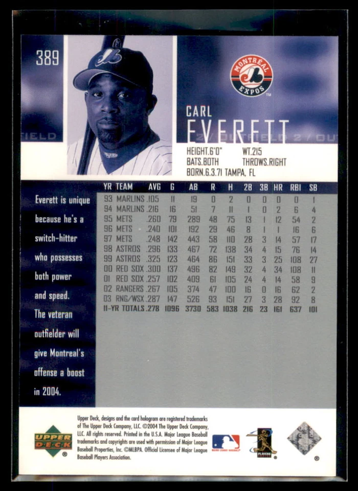 2004 Upper Deck Carl Everett #389 Montreal Expos - Image 2 of 2