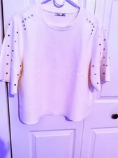 Dex Women Ivory Metal Embelisshed Short Sleeve Crew Neck Tshirt Top Size M