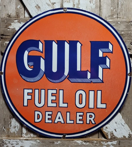 VINTAGE GULF PORCELAIN SIGN 30" OLD GAS PUMP STATION CAR MOTOR OIL FUEL DEALER