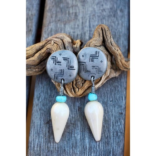 Ben-Amun Signed Etched Disc Clip-On Earrings Turquoise Bone Drop Dangle Vintage