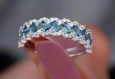 Baguette Cut Lab-Created Blue Topaz Eternity Wedding Ring 14K White Gold Plated