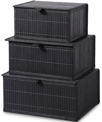 Decorative Storage Boxes - Set of 3 Woven Lined Storage Basket with Lids, Bla...