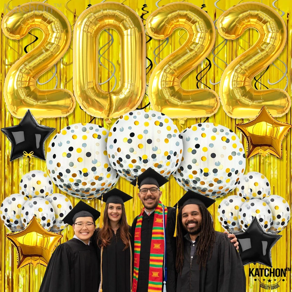 Globos de graduación dorados - confeti de 40 pulgadas y 36 pulgadas, telón de fondo con flecos, clase... Foto 2 de 4