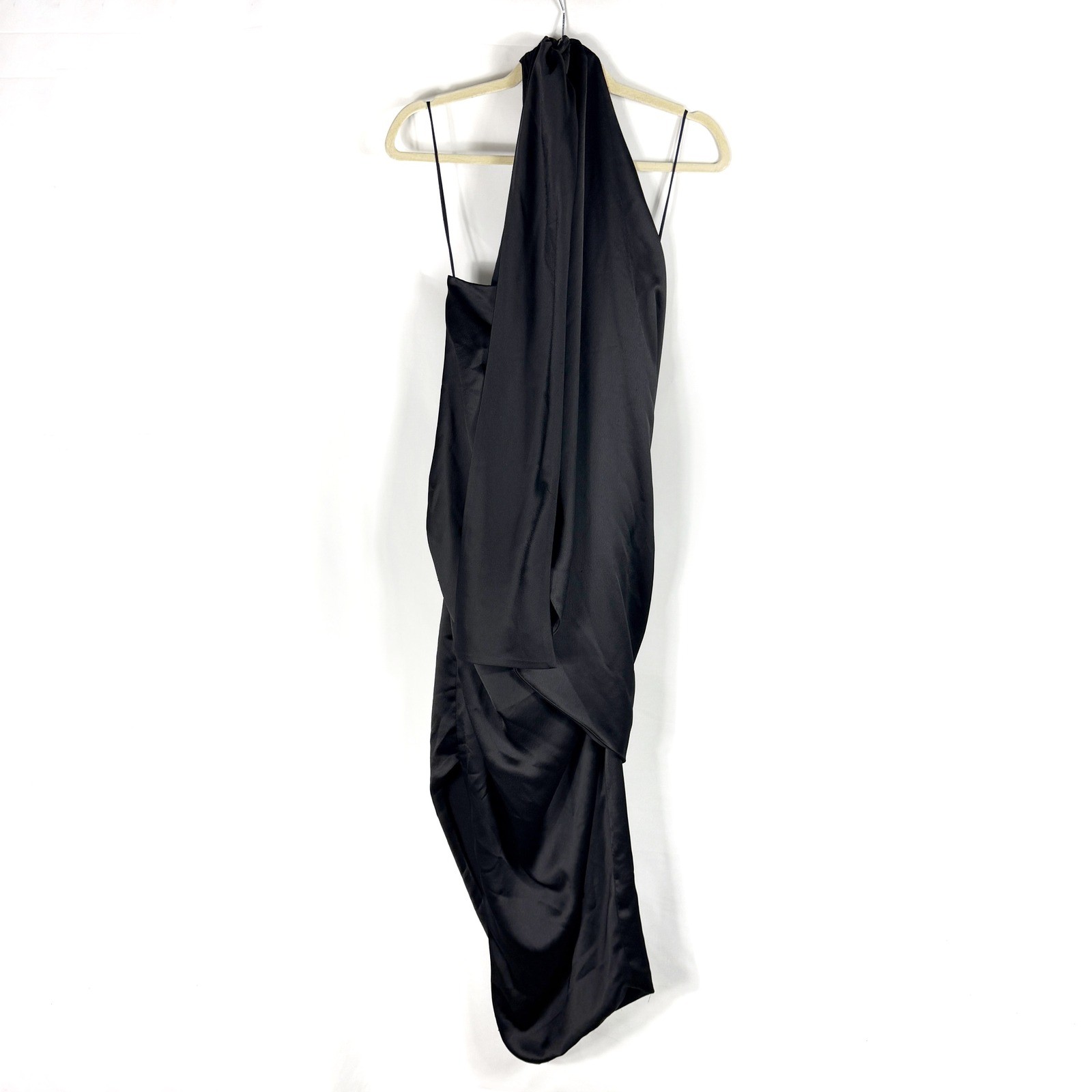 Arias Asymmetrical Midi Dress Black Draped Satin Halter Sash Womens Sz 12 image 6