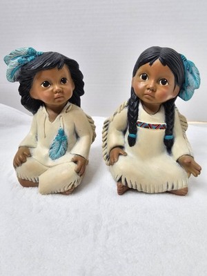 Native American Indian Girl & Boy Children Figurines Hand Painted Ceramic 5''