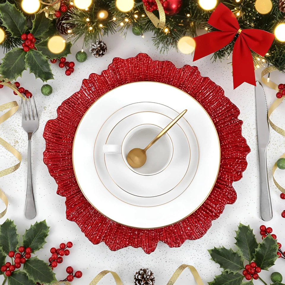 24 шт. Рождественские Рифовые Зарядные Пластины Оптом 13 дюймов Пластиковые Круглые Красно-зеленые Грубые - Изображение 4 из 4