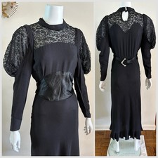 1930s 40s Lace Leg Of Mutton Crepe Dress Evening Gown Rhinestone Satin Belt VTG