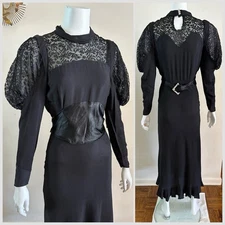 1930s 40s Lace Leg Of Mutton Crepe Dress Evening Gown Rhinestone Satin Belt VTG